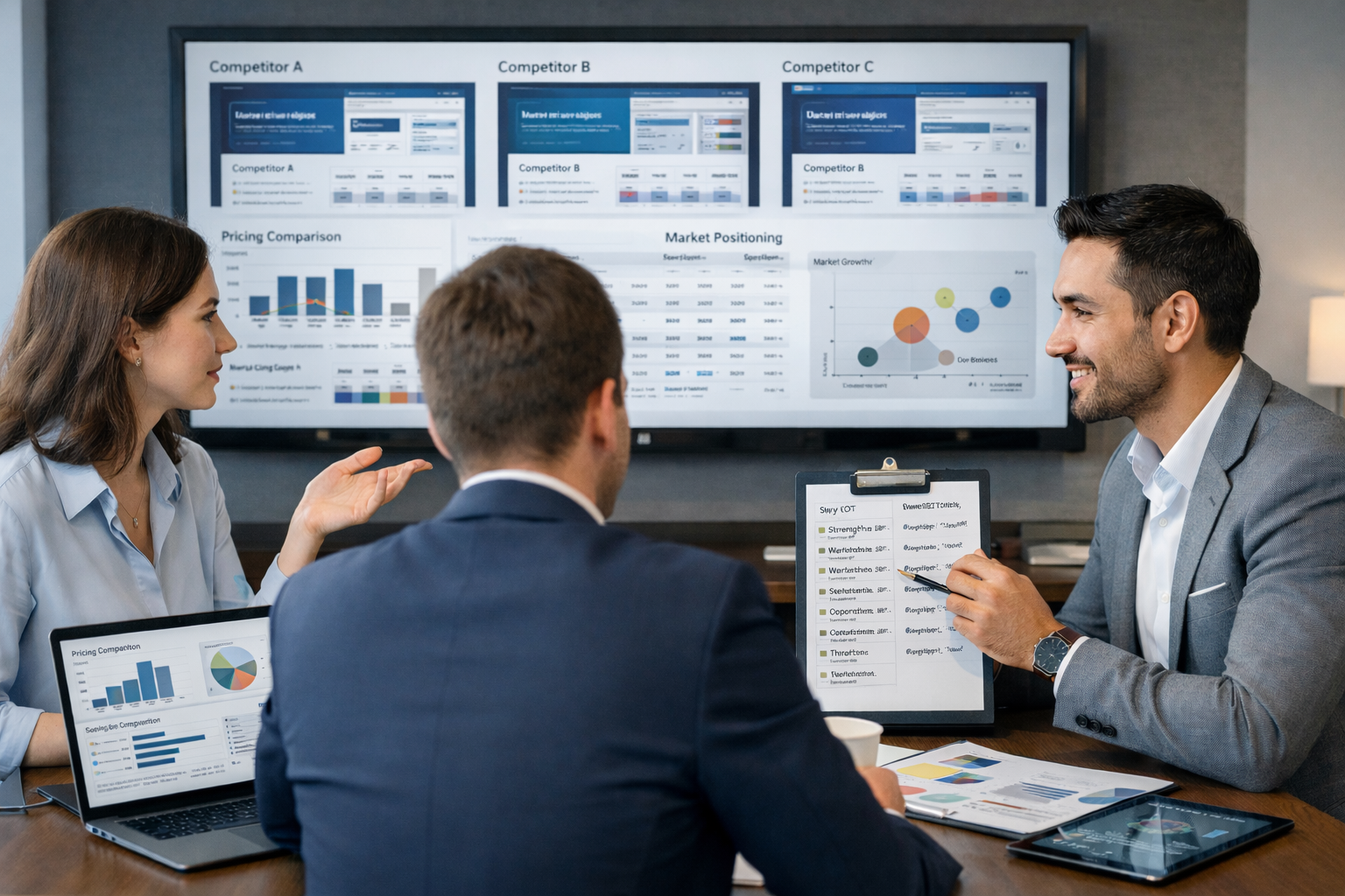 Business strategy team reviewing competitor websites, pricing charts, and market positioning dashboards