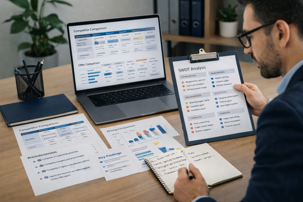 Analyst reviewing competitor comparison sheets, positioning notes, and SWOT analysis report on desk