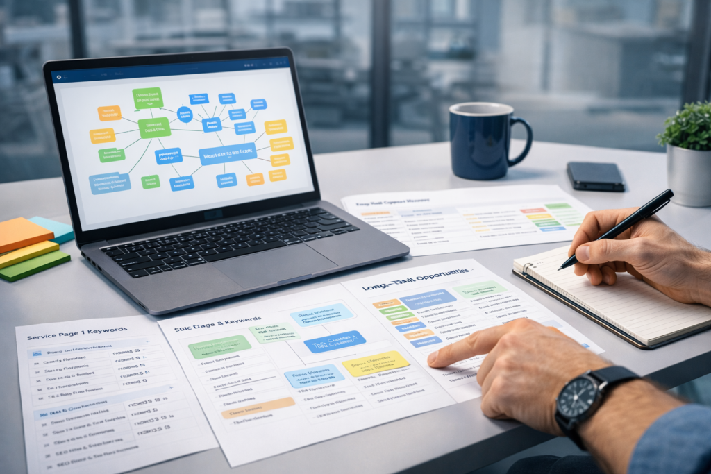 Digital marketer organizing service page keywords, long-tail opportunities, and topic clusters into a structured content plan