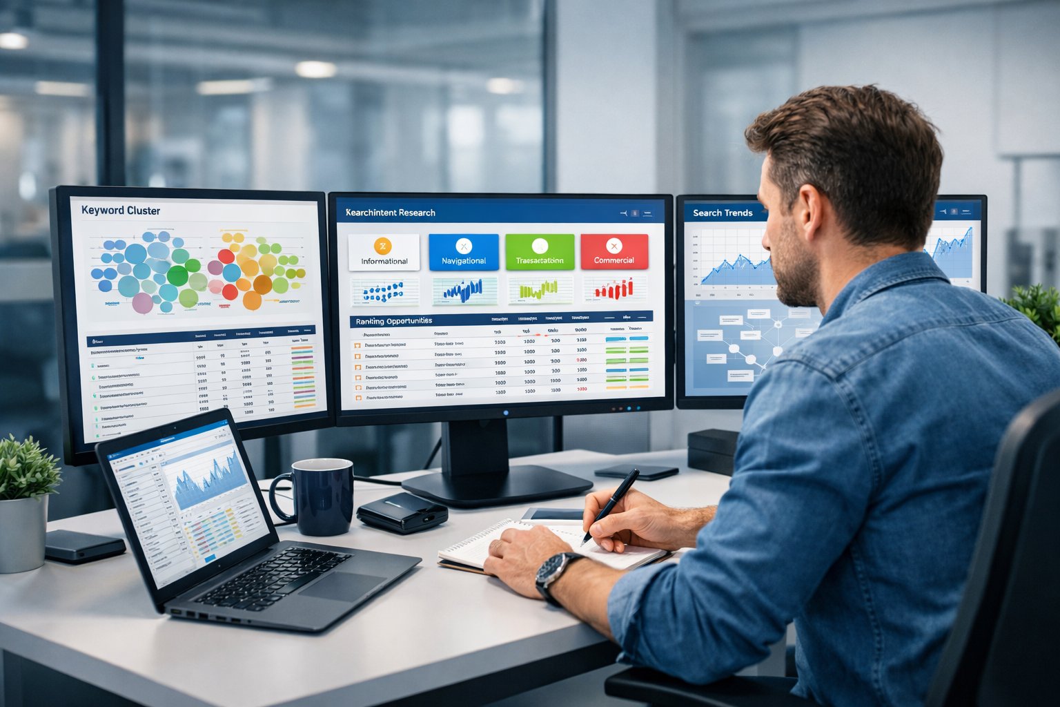 SEO and PPC strategist analyzing keyword clusters, search intent, and ranking opportunities on multiple screens