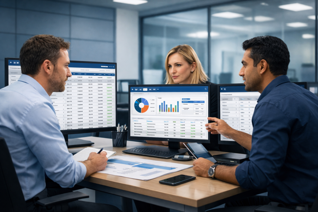 Business growth team reviewing targeted prospect lists, company data, and outreach-ready lead dashboards on multiple screens