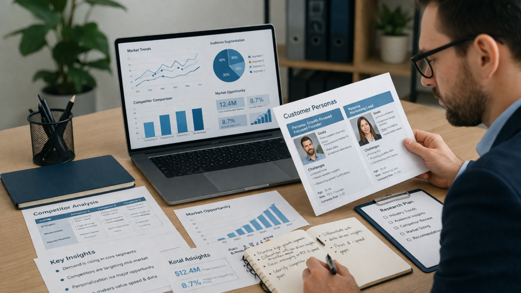 Consultant reviewing customer personas, competitor data, and market opportunity notes on a desk and digital screen