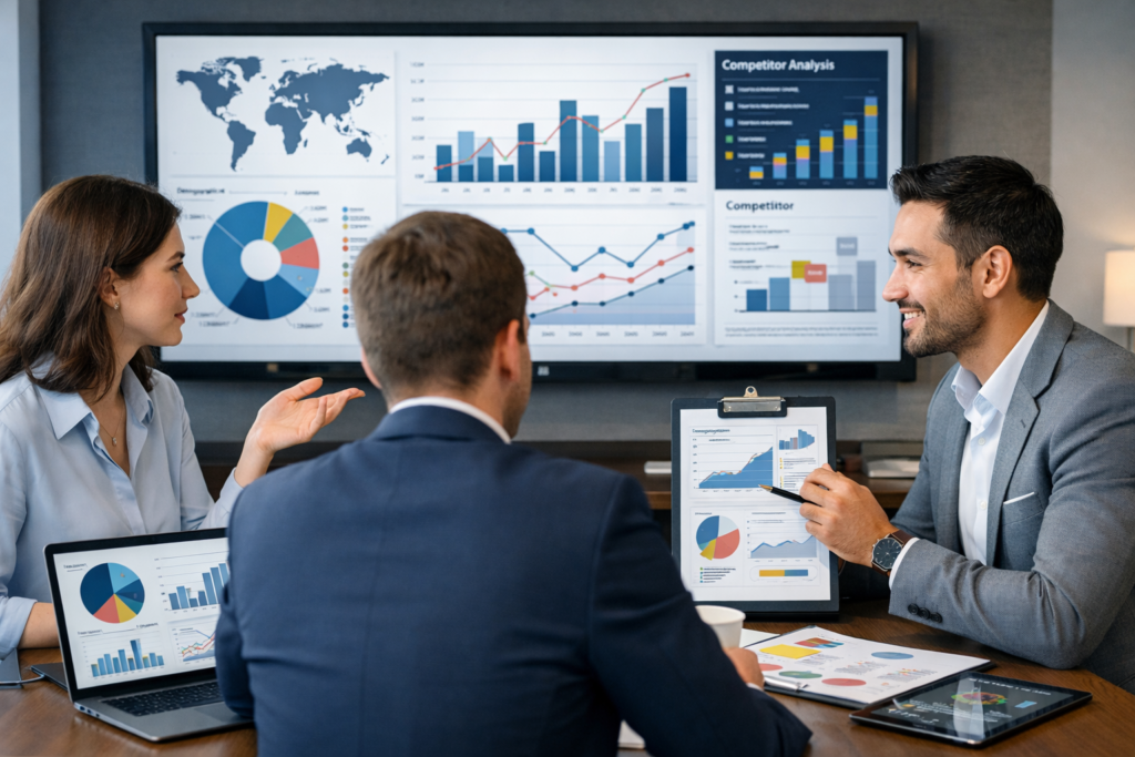 Business team analyzing market research dashboards, audience insights, and trend data in a modern office