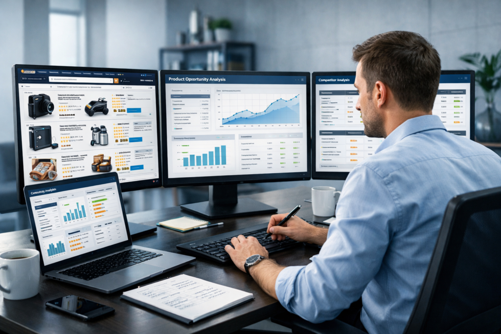 Ecommerce analyst reviewing product opportunities, pricing comparisons, customer reviews, and competitor listings on multiple screens