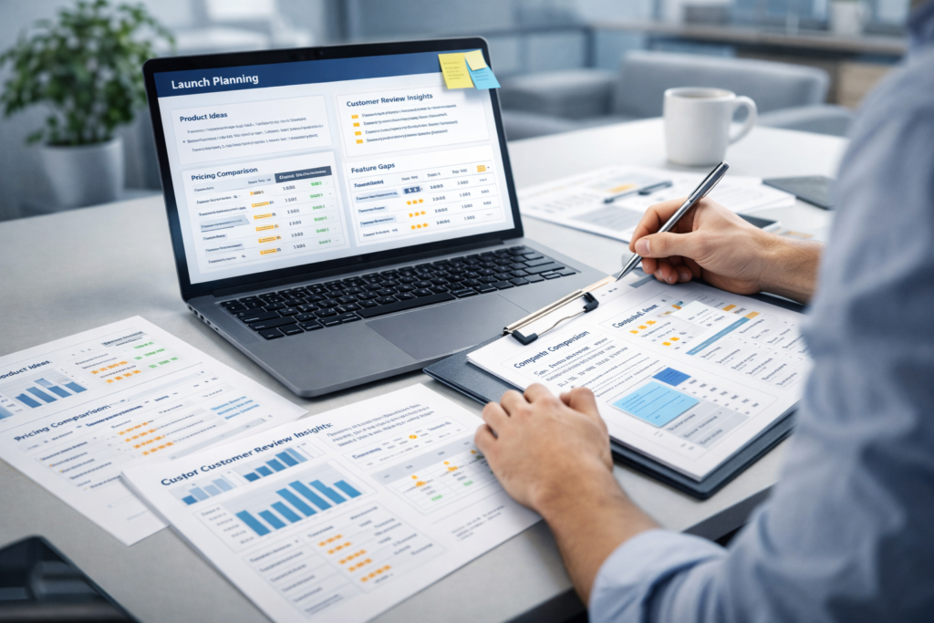 Research specialist organizing product ideas, feature gaps, customer review patterns, and pricing observations into a launch planning document