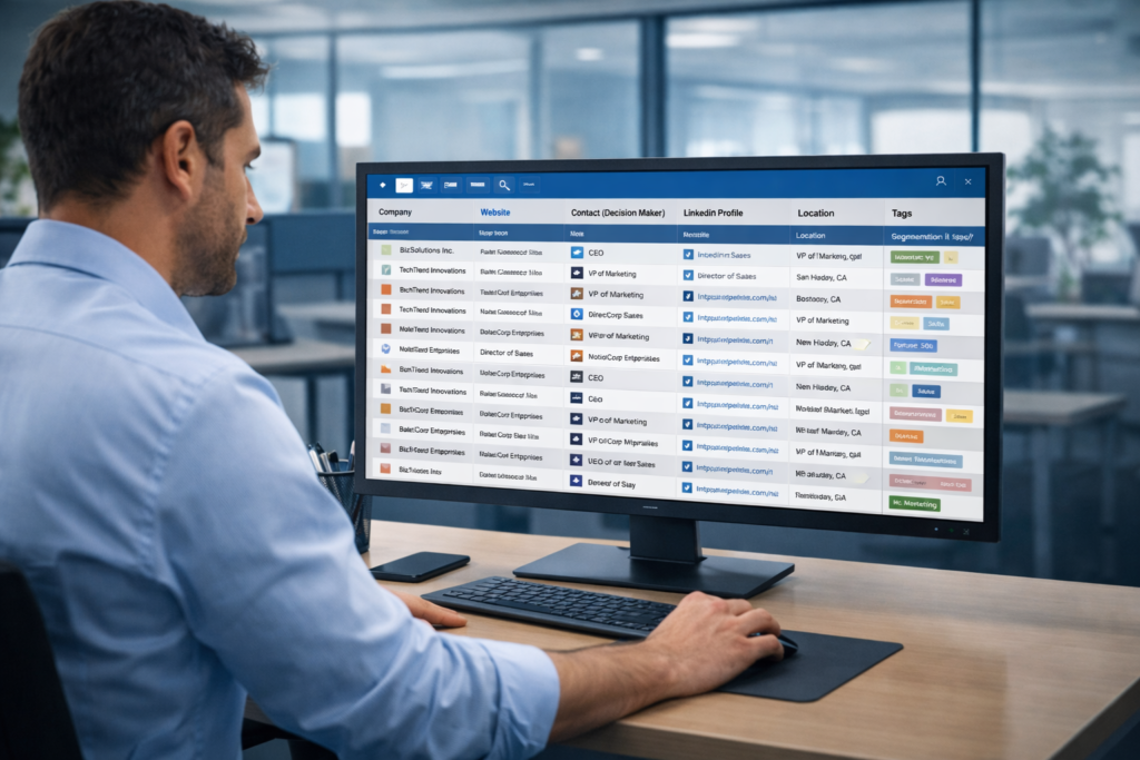Lead generation specialist organizing company names, decision-maker roles, LinkedIn profiles, and segmentation tags into a structured outreach list