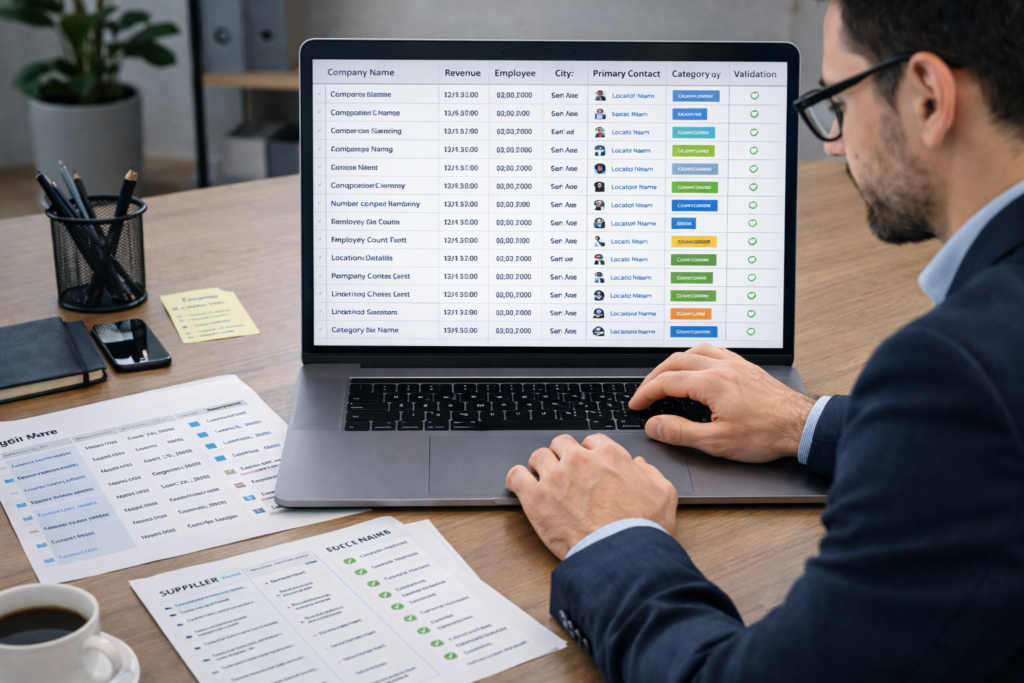 Research specialist organizing company lists, supplier data, and prospect details into a structured spreadsheet