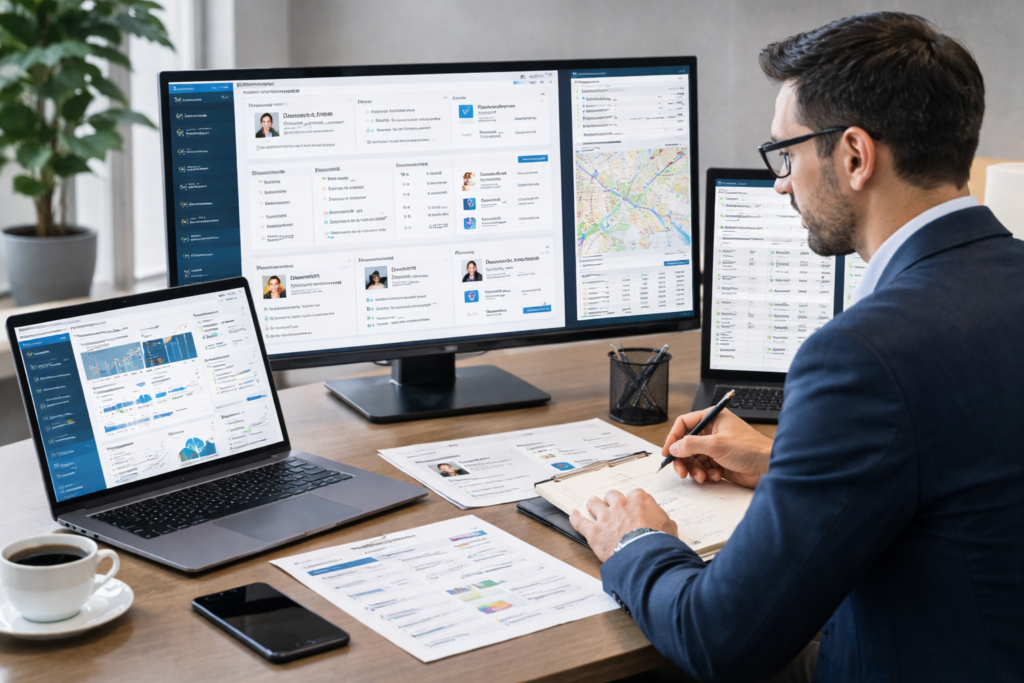 Business analyst collecting structured company data from websites, directories, and digital sources on multiple screens
