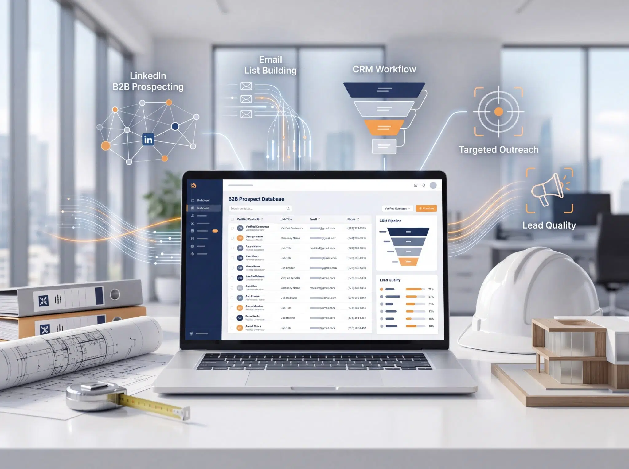 Construction contractor lead generation dashboard with verified B2B leads and free ICP development