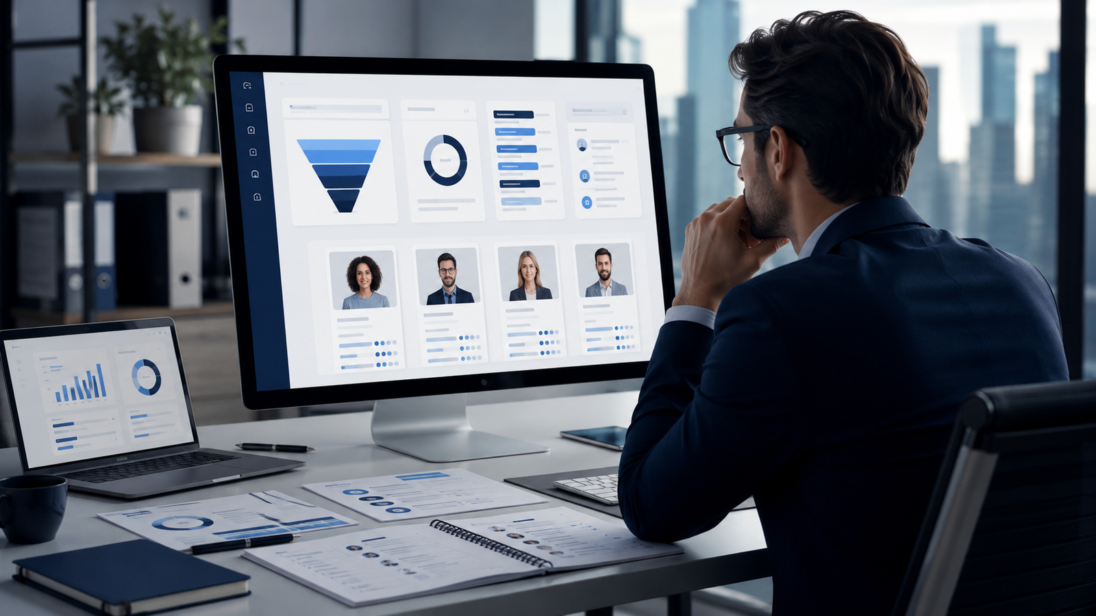 Strategist reviewing ICP filters, buyer persona cards, decision maker roles, and outreach planning notes on a digital dashboard