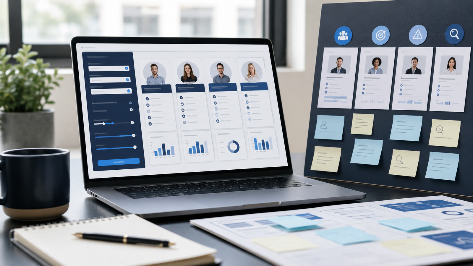 Buyer persona cards, target segment columns, pain point notes, and lead filters arranged on a laptop and planning board