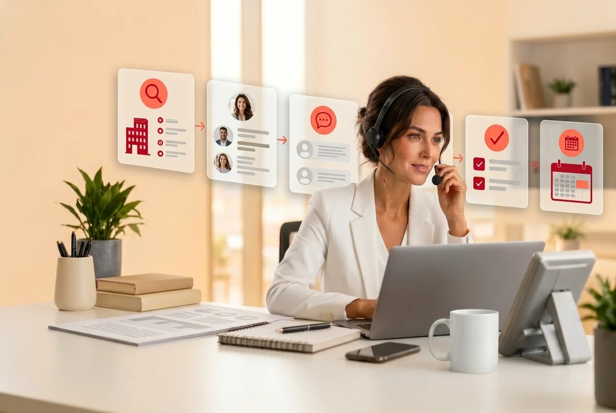 B2B cold calling workflow: account research, contact, conversation, qualification and a booked meeting