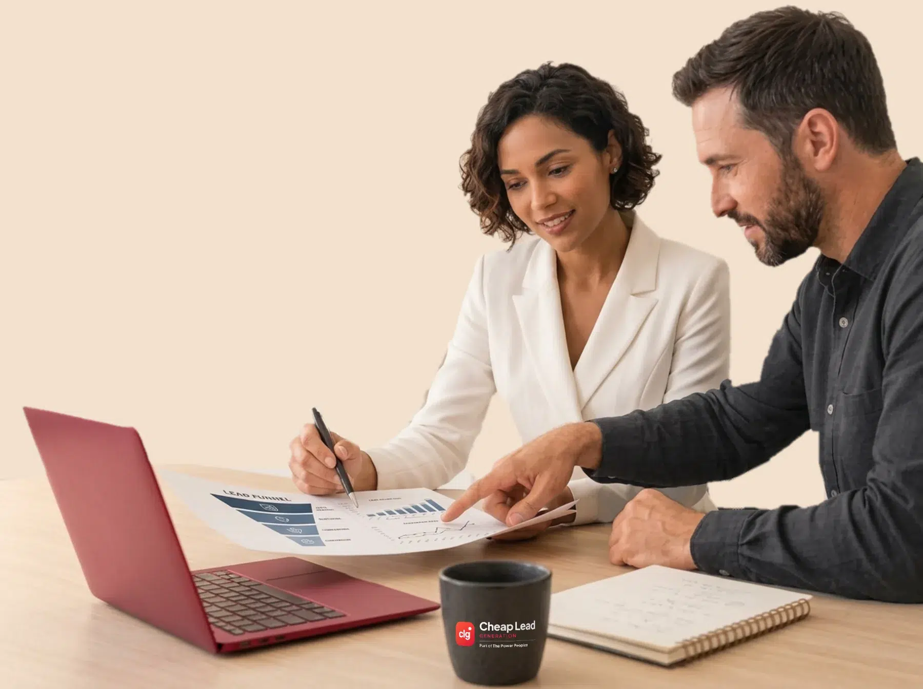 Cheap Lead Generation specialists reviewing a B2B lead funnel report with a client
