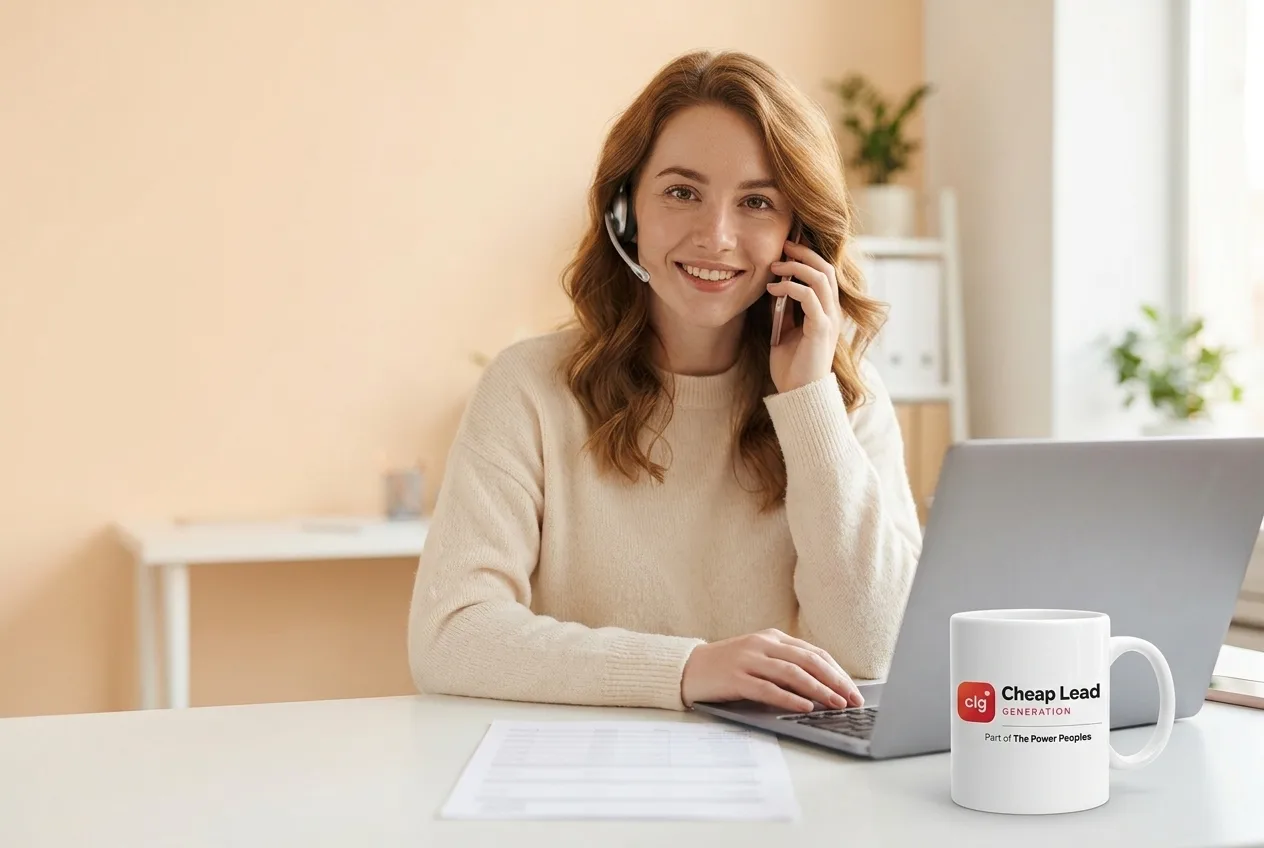 CLG lead generation specialist on a call at her desk with a laptop and a Cheap Lead Generation mug