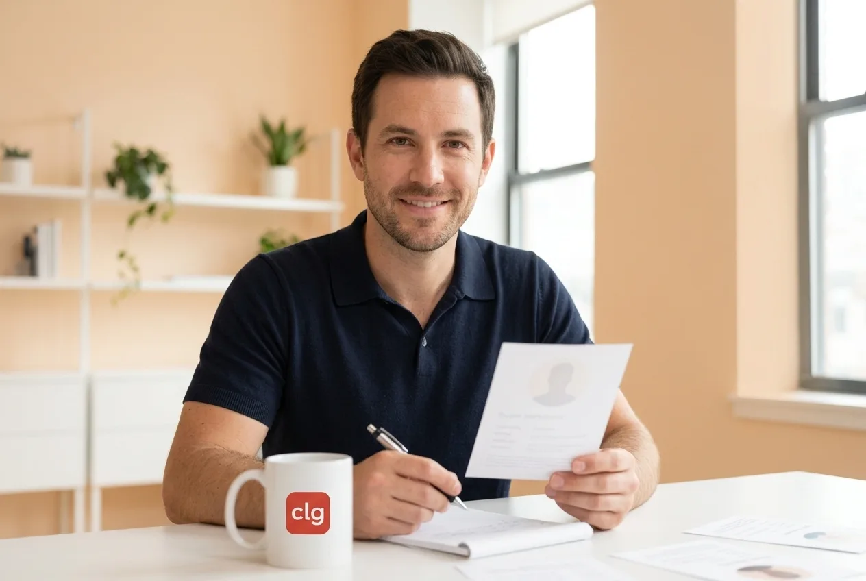 CLG researcher holding a buyer persona profile next to his notes and a CLG mug