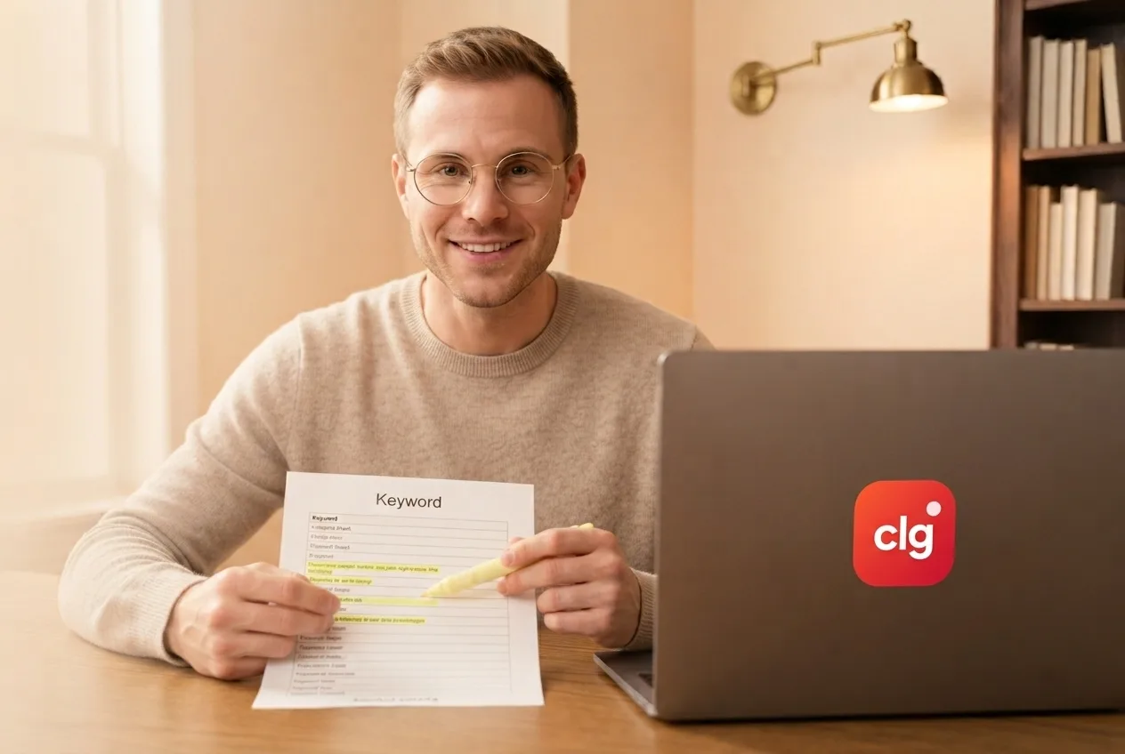 CLG researcher holding a highlighted keyword list beside a laptop with the CLG logo