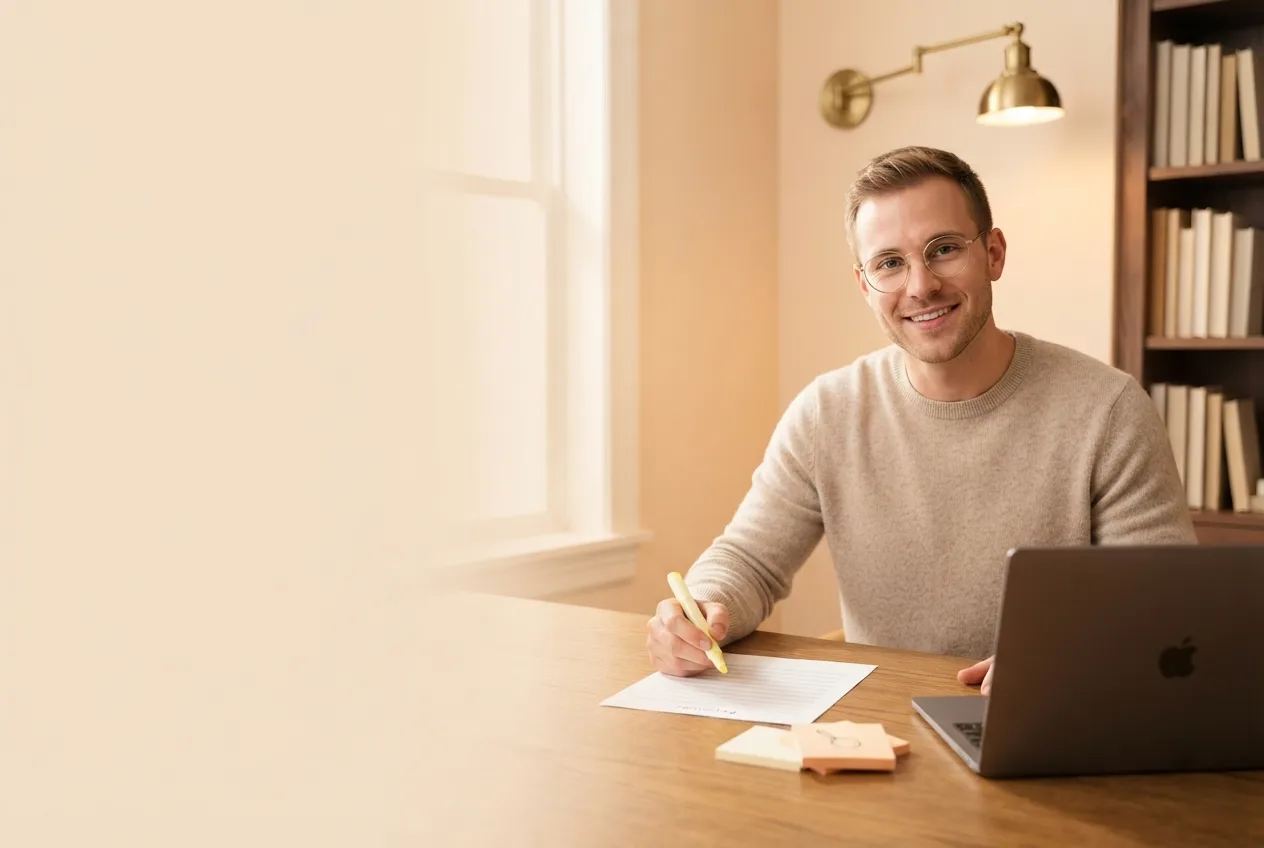CLG keyword researcher at his desk highlighting a printed keyword list next to a laptop