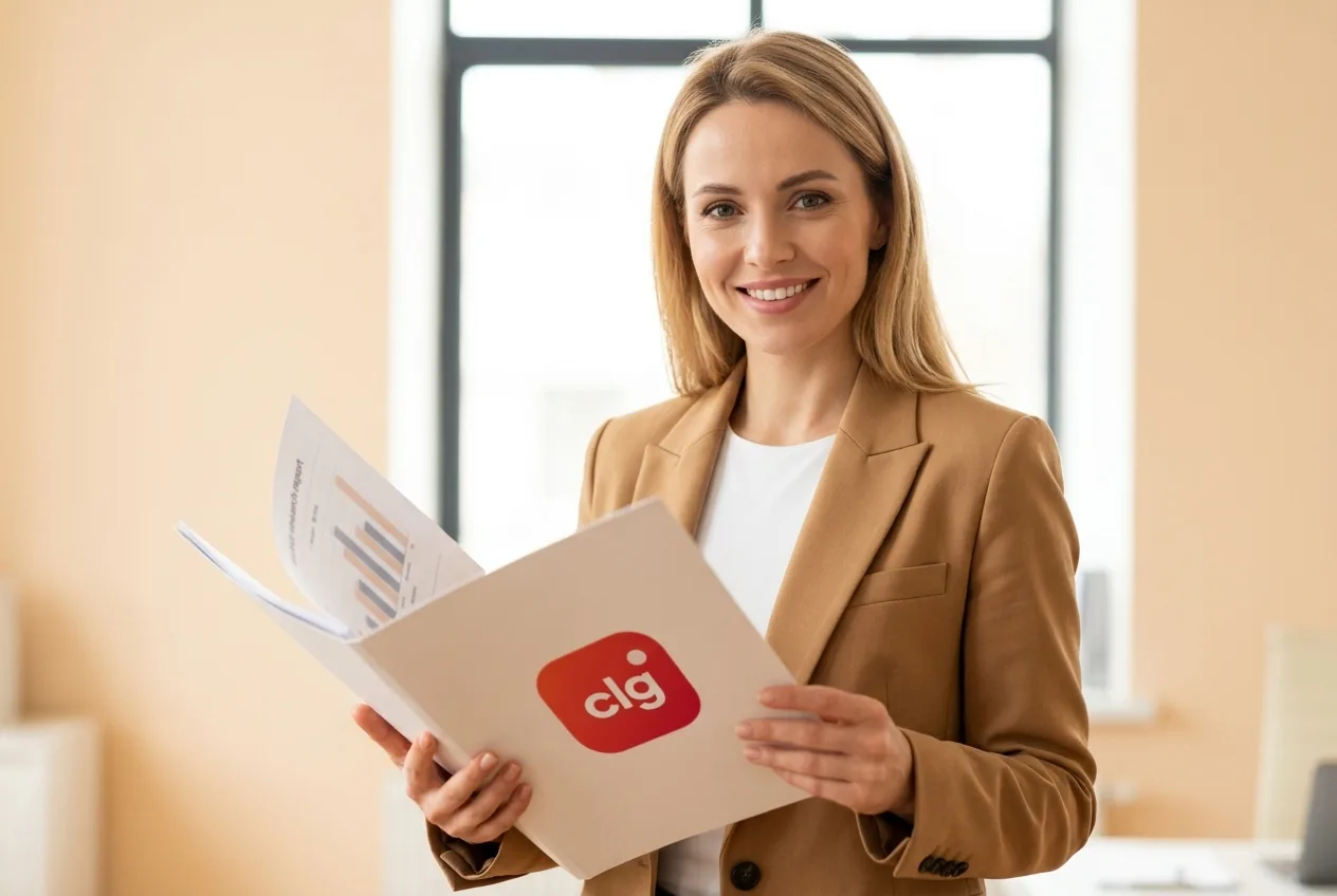 CLG researcher holding a market research report in a CLG-branded folder