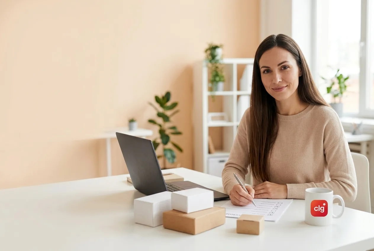 CLG researcher reviewing a product validation checklist next to sample boxes, a laptop and a CLG mug