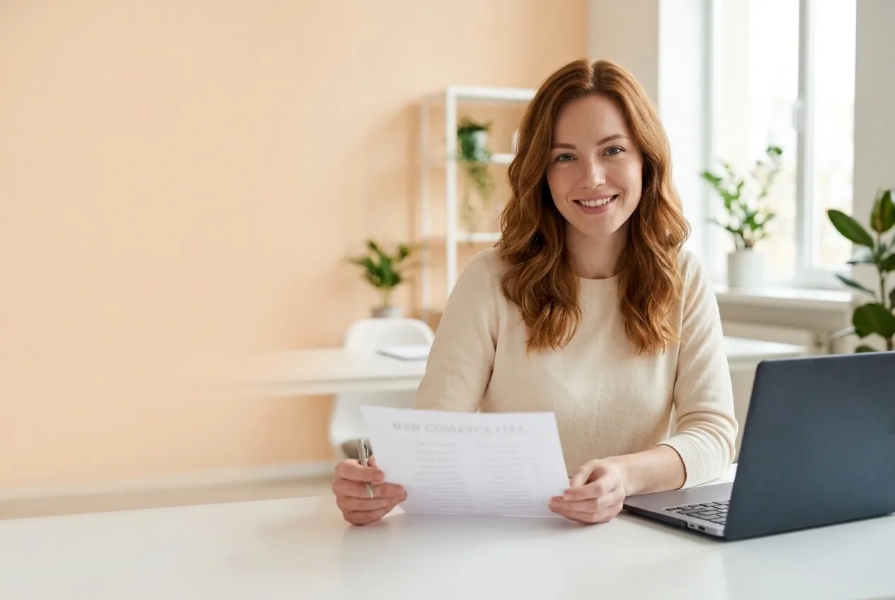 CLG researcher holding a printed B2B contact list next to her laptop