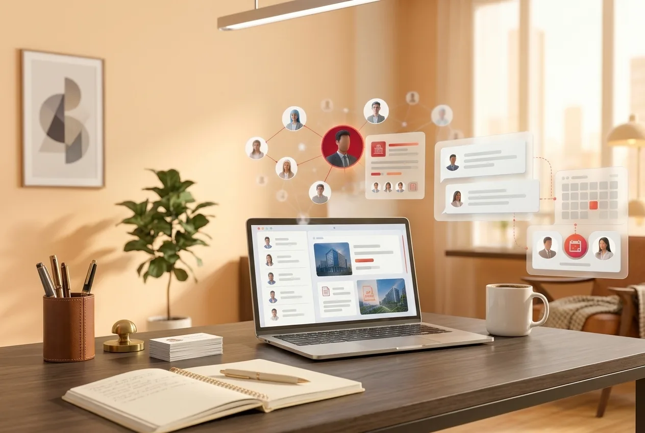 B2B LinkedIn outreach workflow on a desk: prospect network, company research, personal messages and a booked meeting